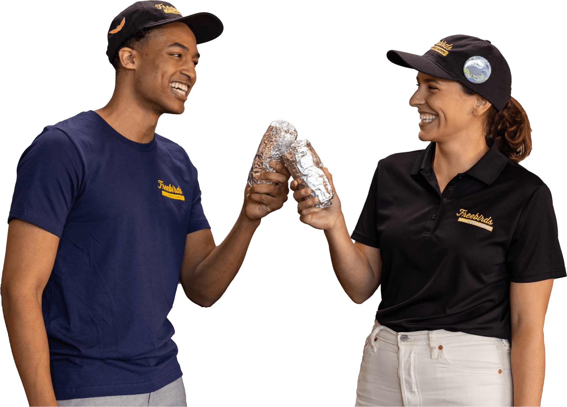 Freebirds employees holding burritos'